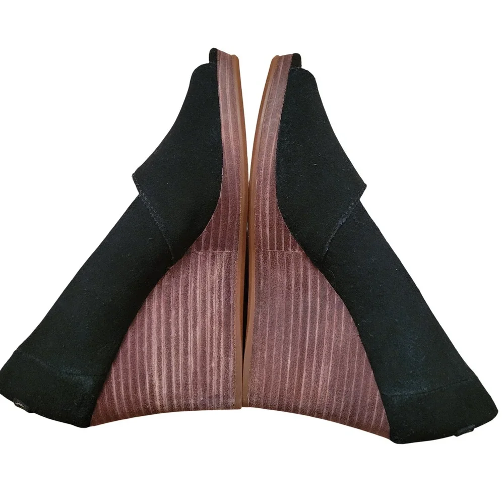TOMS 7 Black‎ Suede Desert Wedge Peep Toe High Heels Shoes MICHELLE Espadrille